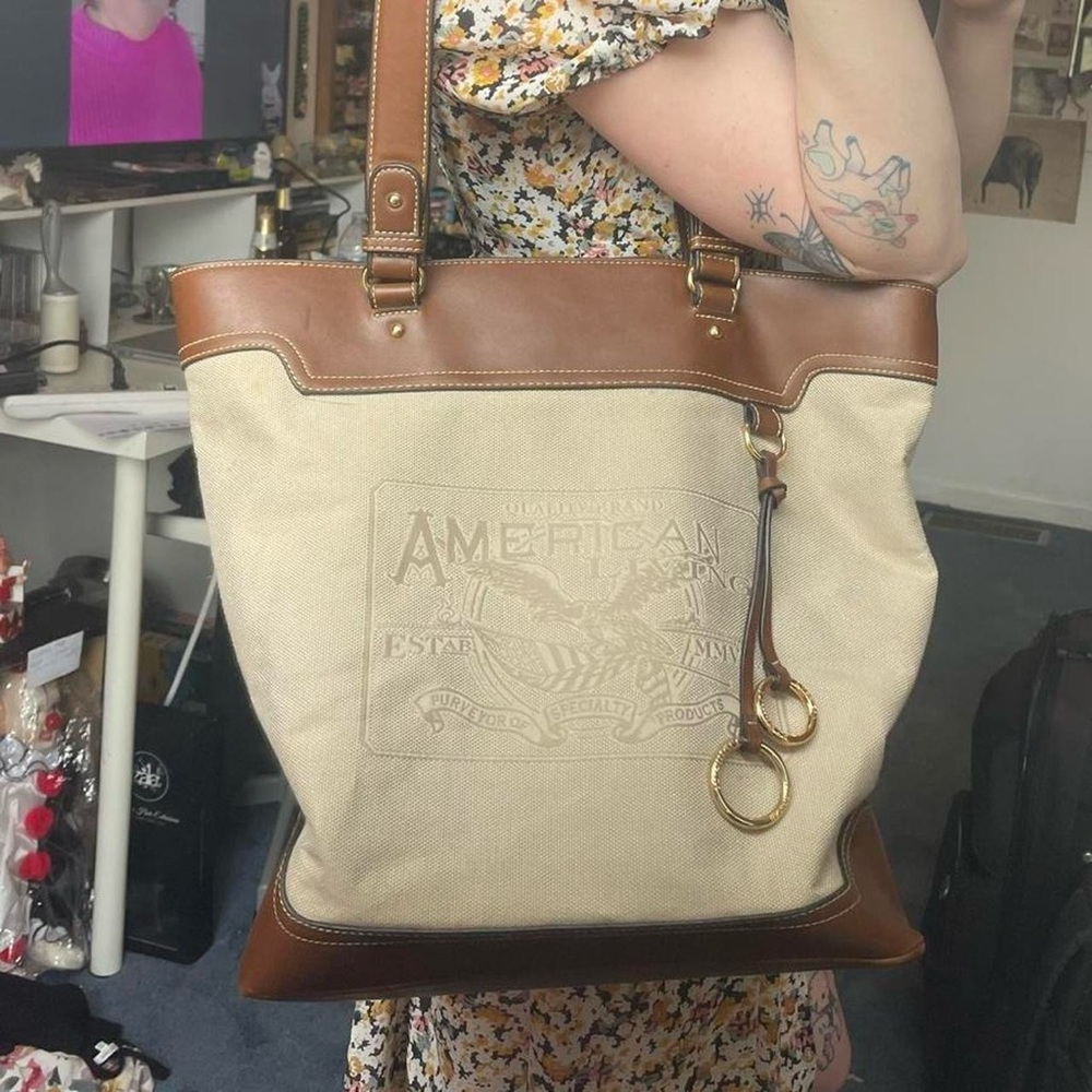 American Living Canvas Tote Bag with Brown Leather Trim